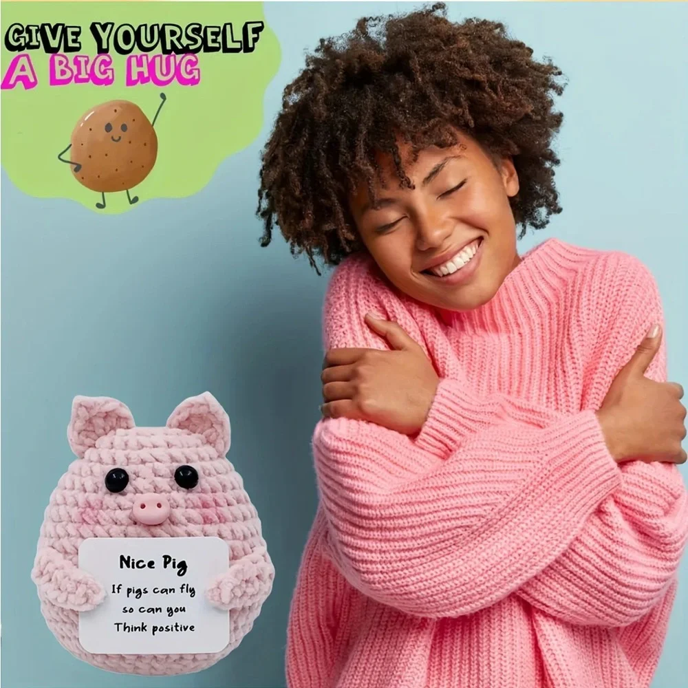 Pink Crochet Amigurumi Pig Mini Plush Toy with Motivational Card Gift